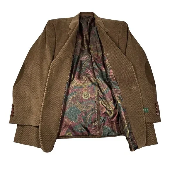 Lauren Ralph Lauren Corduroy Blazer Sports Coat 46R Brown Elbow Patch Heritage
